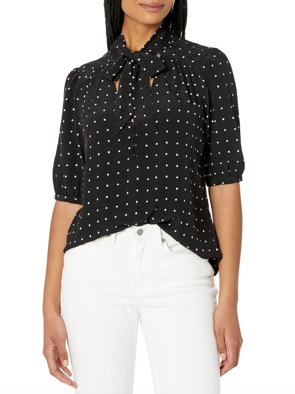 Paige Women's Esta Blouse Half Sleeve Tie Neck Covered Buttons in Black/Cream